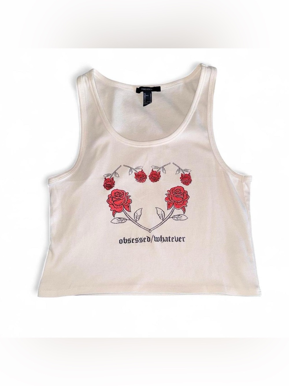 Forever 21 White Tank Top with Red Rose Heart Graphic